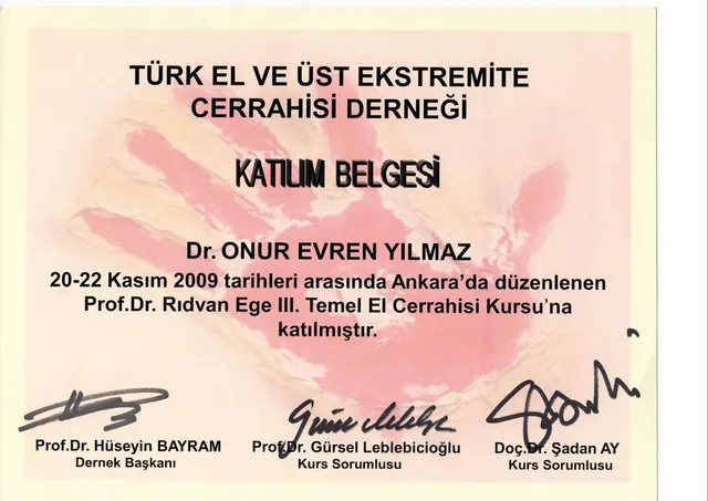 certificado do 3.º curso de cirurgia da mão, cirurgião plástico Izmir