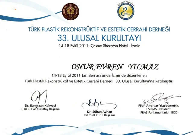 certificado do 33.º congresso de cirurgia plástica, cirurgião plástico Izmir