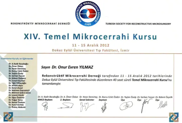 certificado do 14.º curso de microcirurgia, cirurgião plástico Izmir