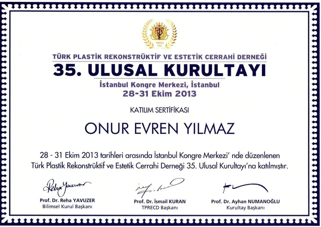 certificado do 35.º congresso de cirurgia plástica, cirurgião plástico Izmir