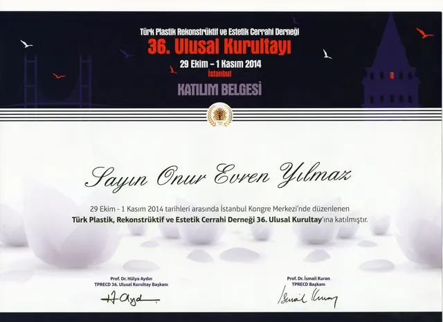 certificado do 36.º congresso de cirurgia plástica, cirurgião plástico Izmir