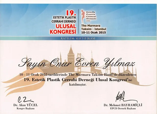 certificado do 19.º congresso de cirurgia plástica estética, cirurgião plástico Izmir