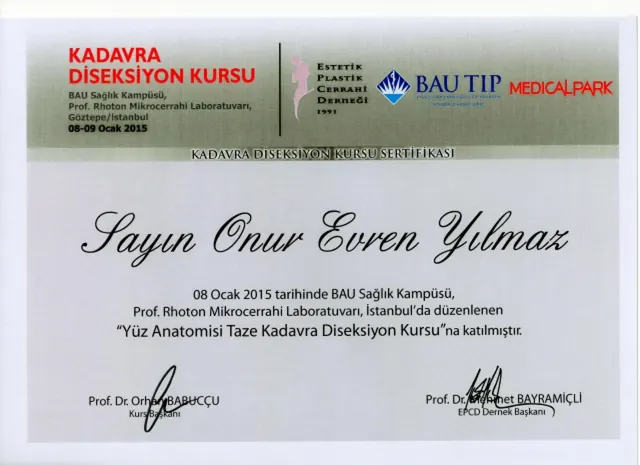 certificado de anatomia facial em cadáver, cirurgião plástico Izmir