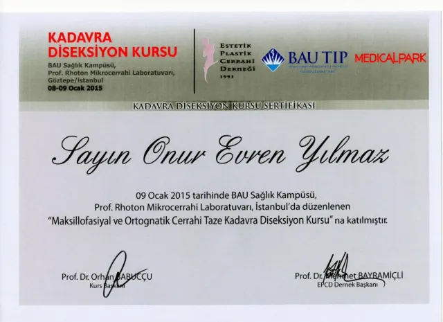 certificado de cirurgia ortognática e maxilofacial, cirurgião plástico Izmir