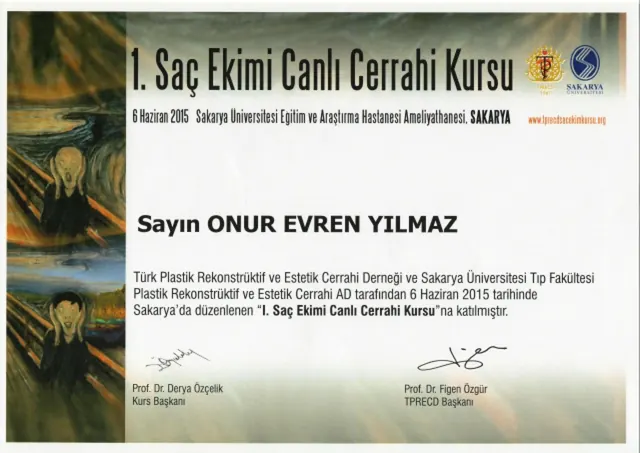 certificado do 1.º curso de transplante capilar, cirurgião plástico Izmir