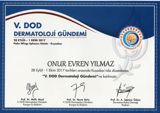 certificado da 5.ª agenda de dermatologia, cirurgião plástico Izmir